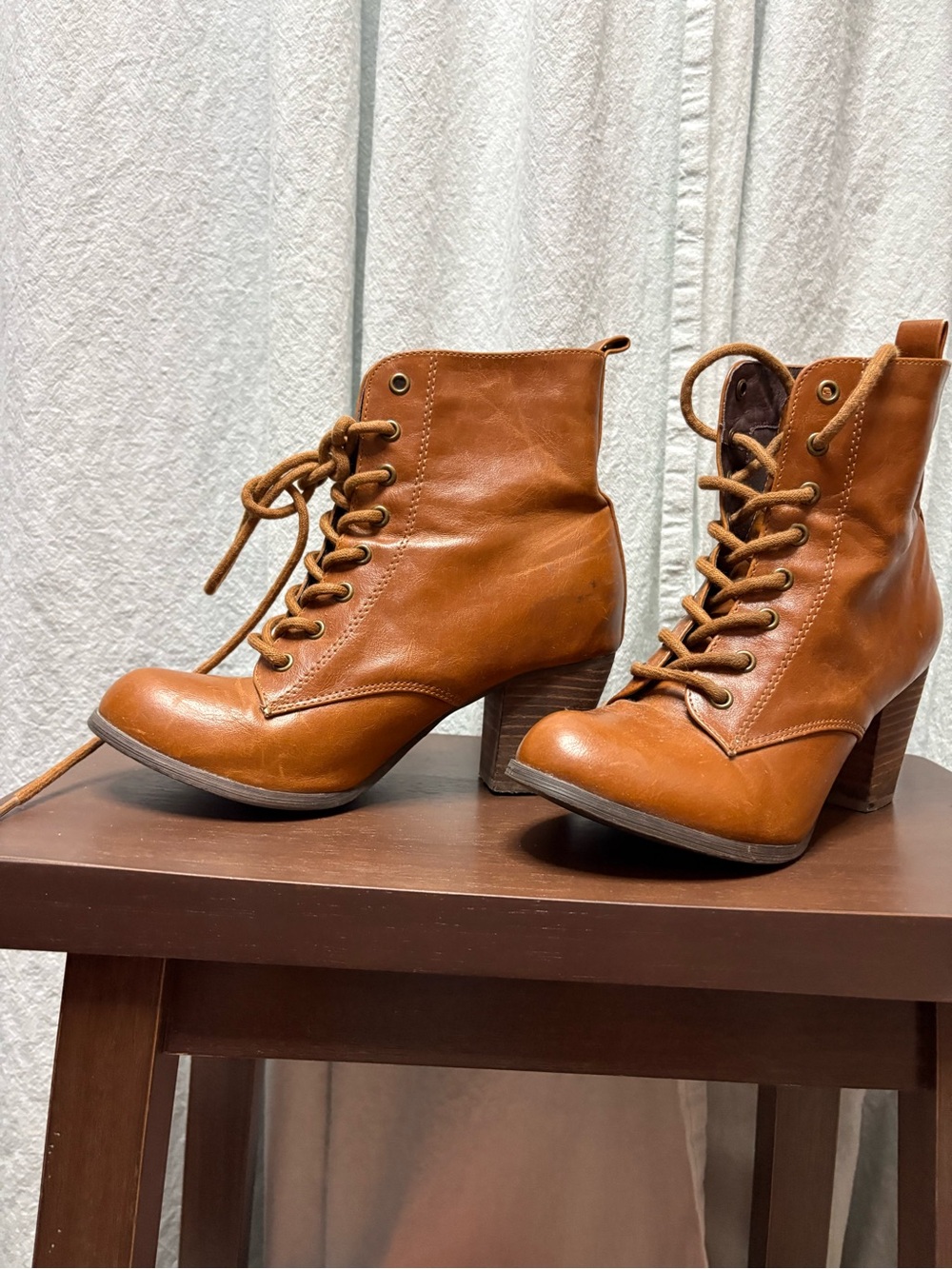 chelsea crew Cognac Lace-Up Block Heel Ankle Boots